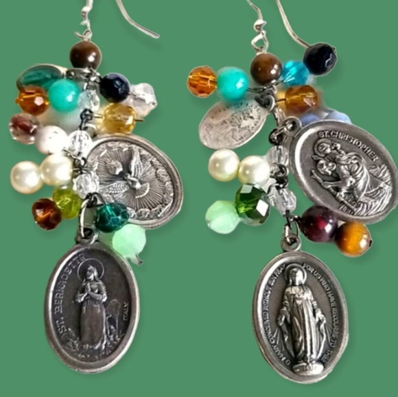Hand Crafted Repurposed Vintage Relic Medal Semi Precious Stone Beaded Earrings - Picture 1 of 14